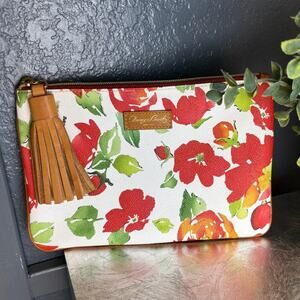 Dooney & Bourke Leather White Cabbage Rose Carrington Pouch Clutch Makeup Bag